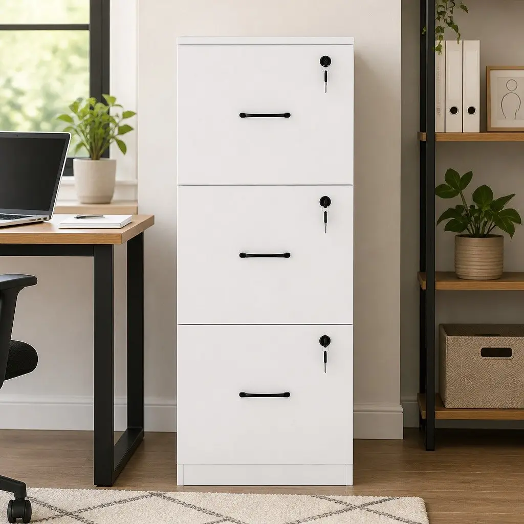 File Cabinet Lockable 3 Drawer Storage Organizer White Modern