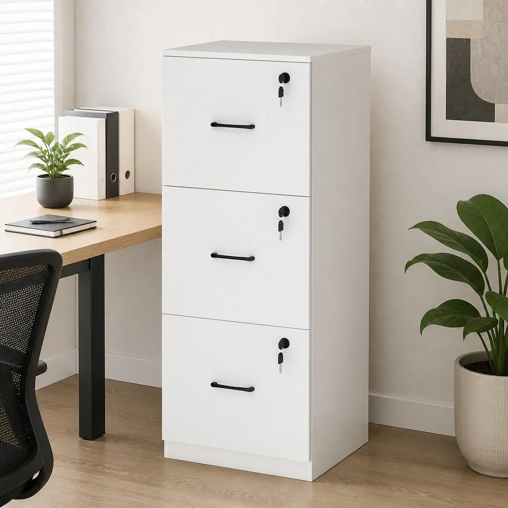 File Cabinet Lockable 3 Drawer Storage Organizer White Modern