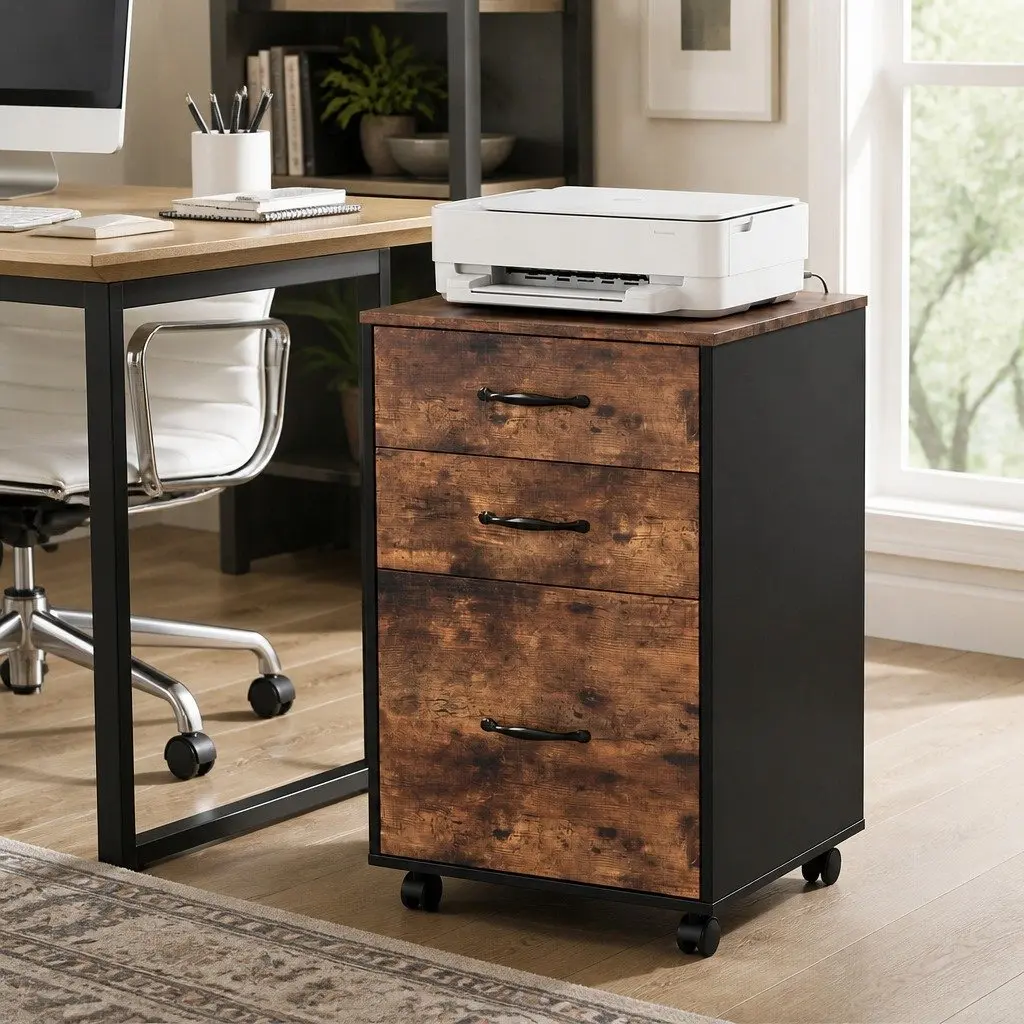 Mobile Filing Cabinet 3-Drawer Rolling Wheels Walnut