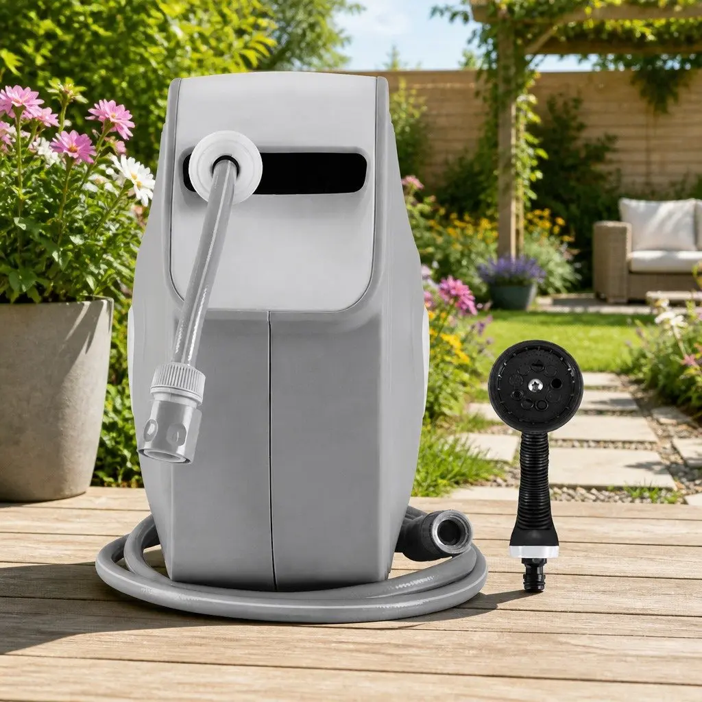 Water Hose Reel Retractable Auto Rewind 10M Wall Mount Garden Spray Gun Grey