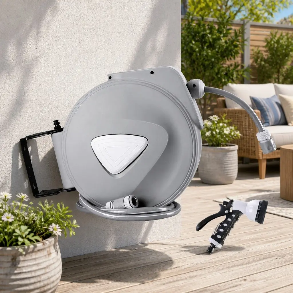 Water Hose Reel Retractable 20M Auto Rewind Wall Mount with Spray Gun