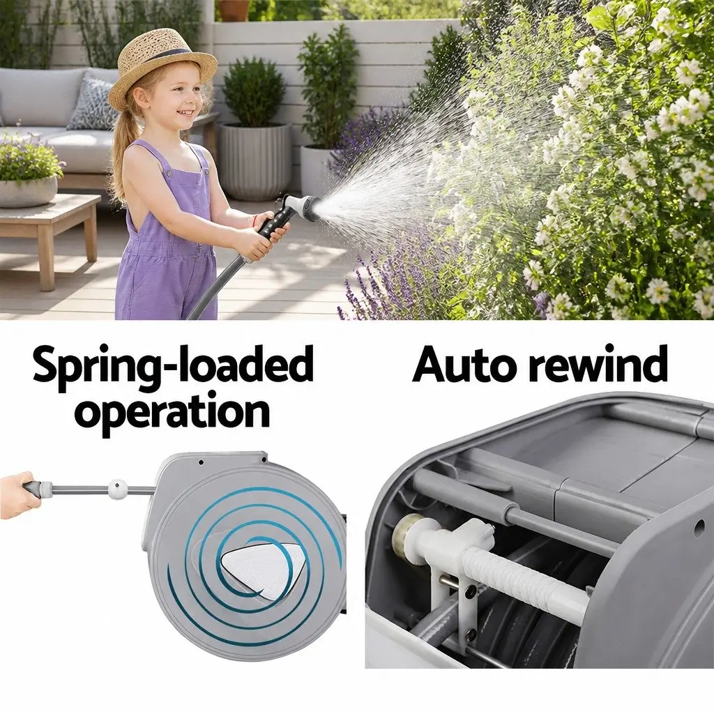 Water Hose Reel Retractable 20M Auto Rewind Wall Mount with Spray Gun