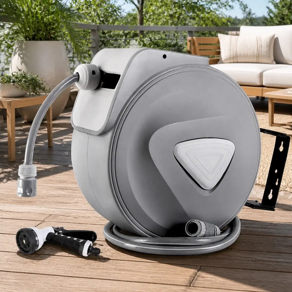 Water Hose Reel Retractable 20M Auto Rewind Wall Mount with Spray Gun