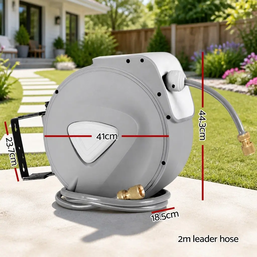 Water Hose Reel Retractable Auto Rewind 30M Wall Mount Garden Spray Gun Grey