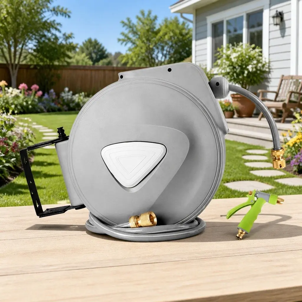 Water Hose Reel Retractable Auto Rewind 30M Wall Mount Garden Spray Gun Grey