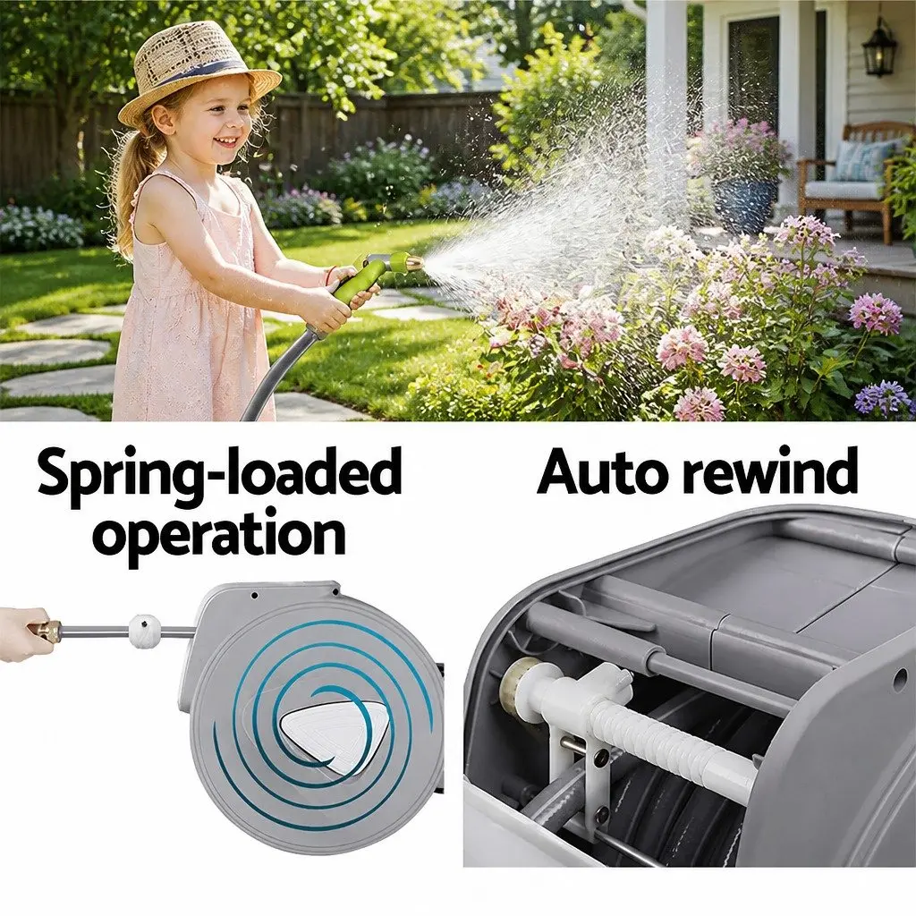 Water Hose Reel Retractable Auto Rewind 30M Wall Mount Garden Spray Gun Grey