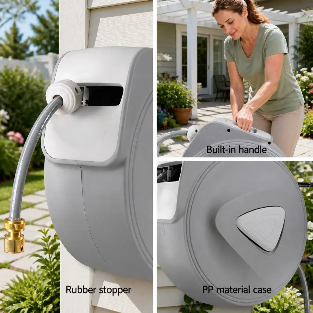 Water Hose Reel Retractable Auto Rewind 30M Wall Mount Garden Spray Gun Grey