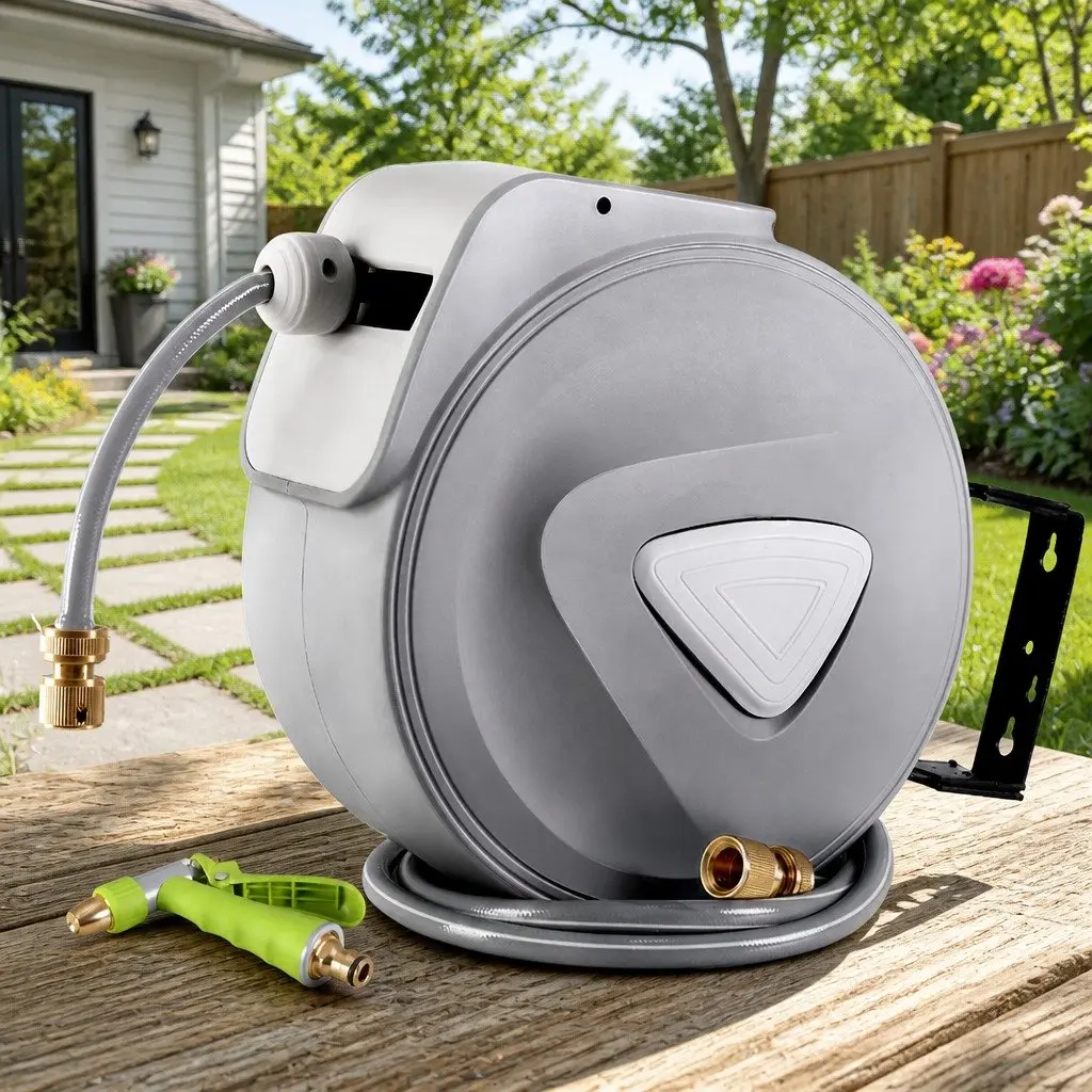 Water Hose Reel Retractable Auto Rewind 30M Wall Mount Garden Spray Gun Grey