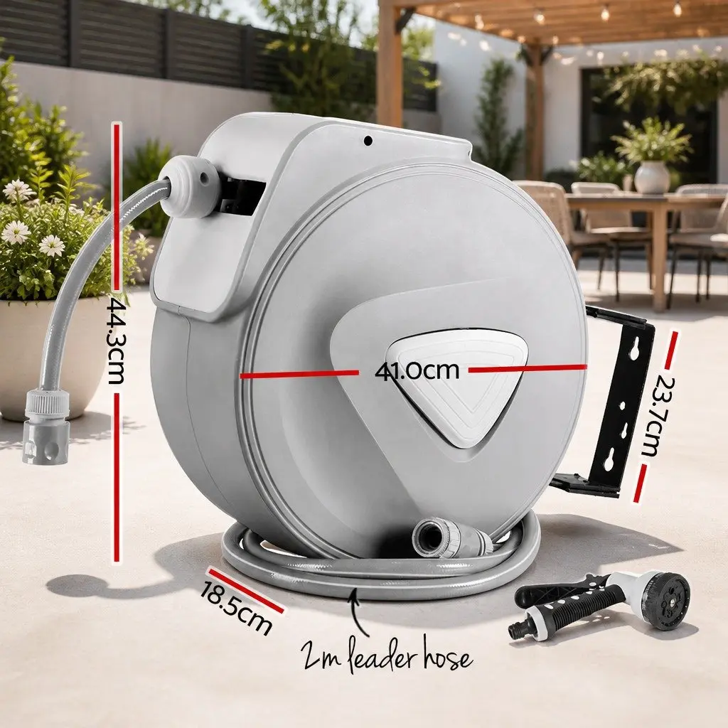 Water Hose Reel Retractable Auto Rewind 30M Wall Mount Garden Spray Gun Grey