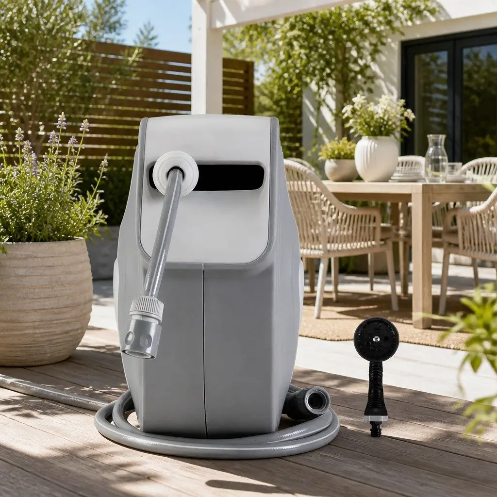 Water Hose Reel Retractable Auto Rewind 30M Wall Mount Garden Spray Gun Grey