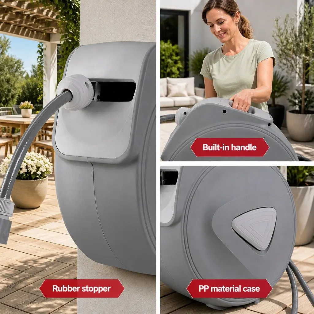 Water Hose Reel Retractable Auto Rewind 30M Wall Mount Garden Spray Gun Grey