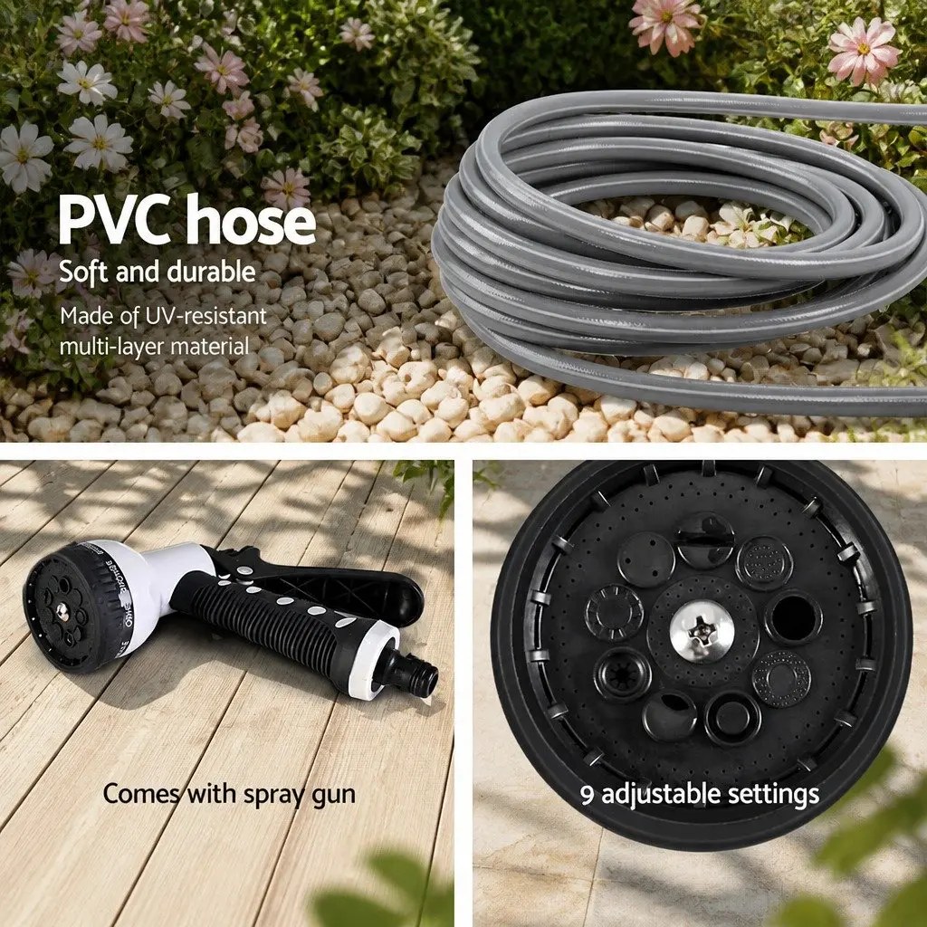 Water Hose Reel Retractable Auto Rewind 30M Wall Mount Garden Spray Gun Grey