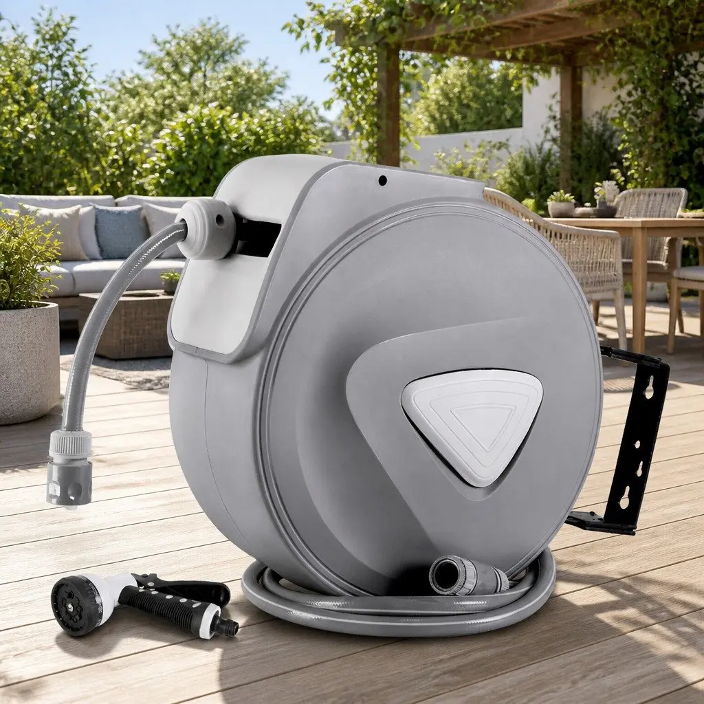 Water Hose Reel Retractable Auto Rewind 30M Wall Mount Garden Spray Gun Grey