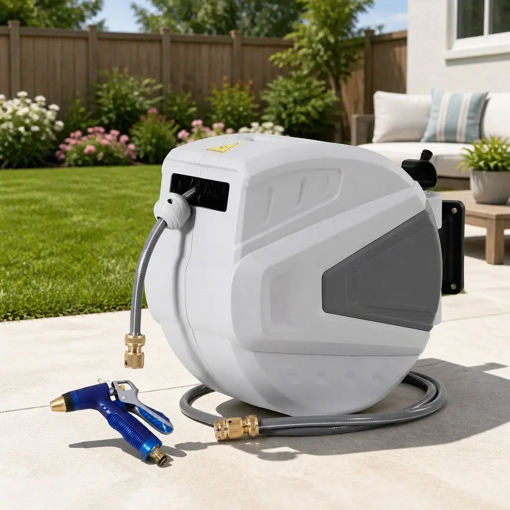 Water Hose Reel 30M Retractable Auto Rewind Wall Mount Garden Spray Gun Portable
