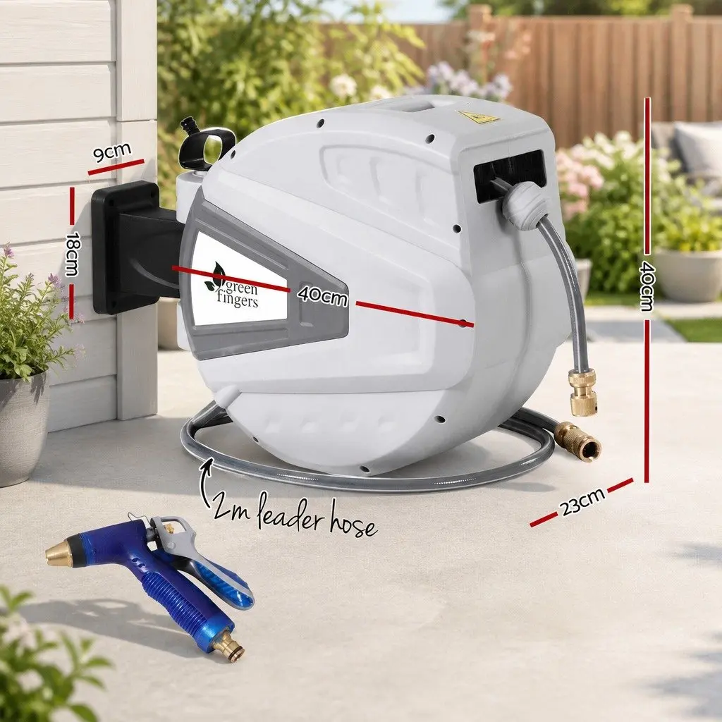 Water Hose Reel 30M Retractable Automatic Rewind Wall Mount with Adjustable Spray Gun