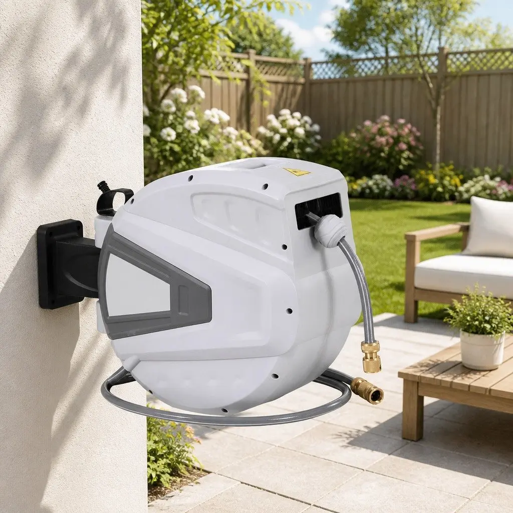 Water Hose Reel 30M Retractable Automatic Rewind Wall Mount with Adjustable Spray Gun