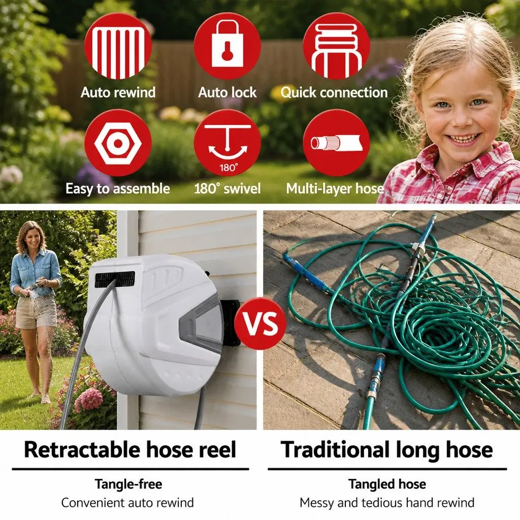 Water Hose Reel 30M Retractable Automatic Rewind Wall Mount with Adjustable Spray Gun