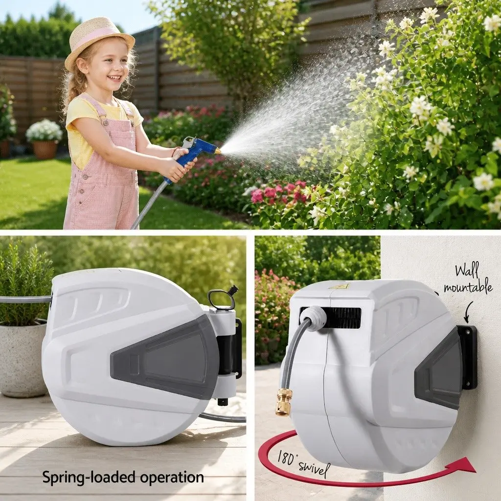Water Hose Reel 30M Retractable Automatic Rewind Wall Mount with Adjustable Spray Gun