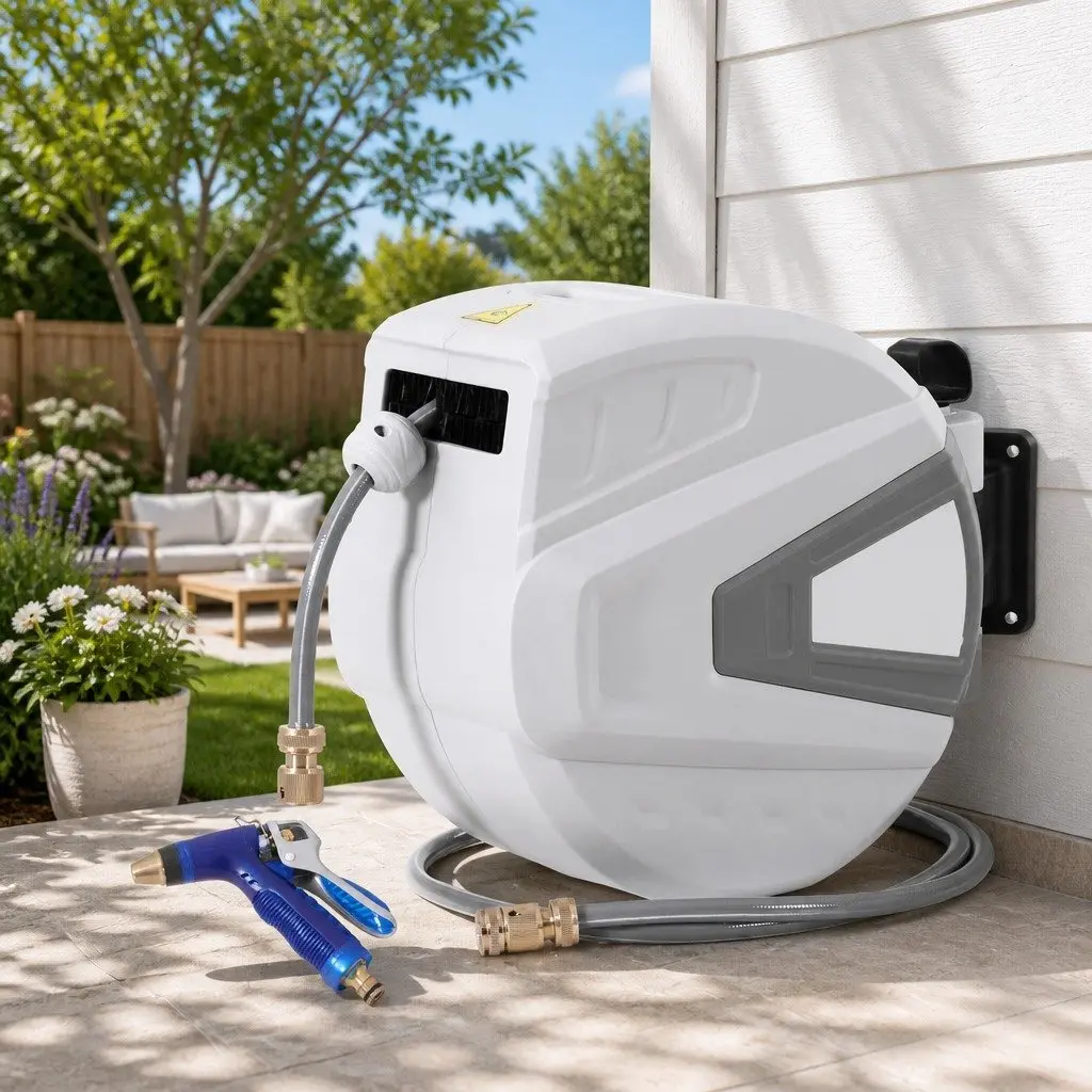 Water Hose Reel 30M Retractable Automatic Rewind Wall Mount with Adjustable Spray Gun