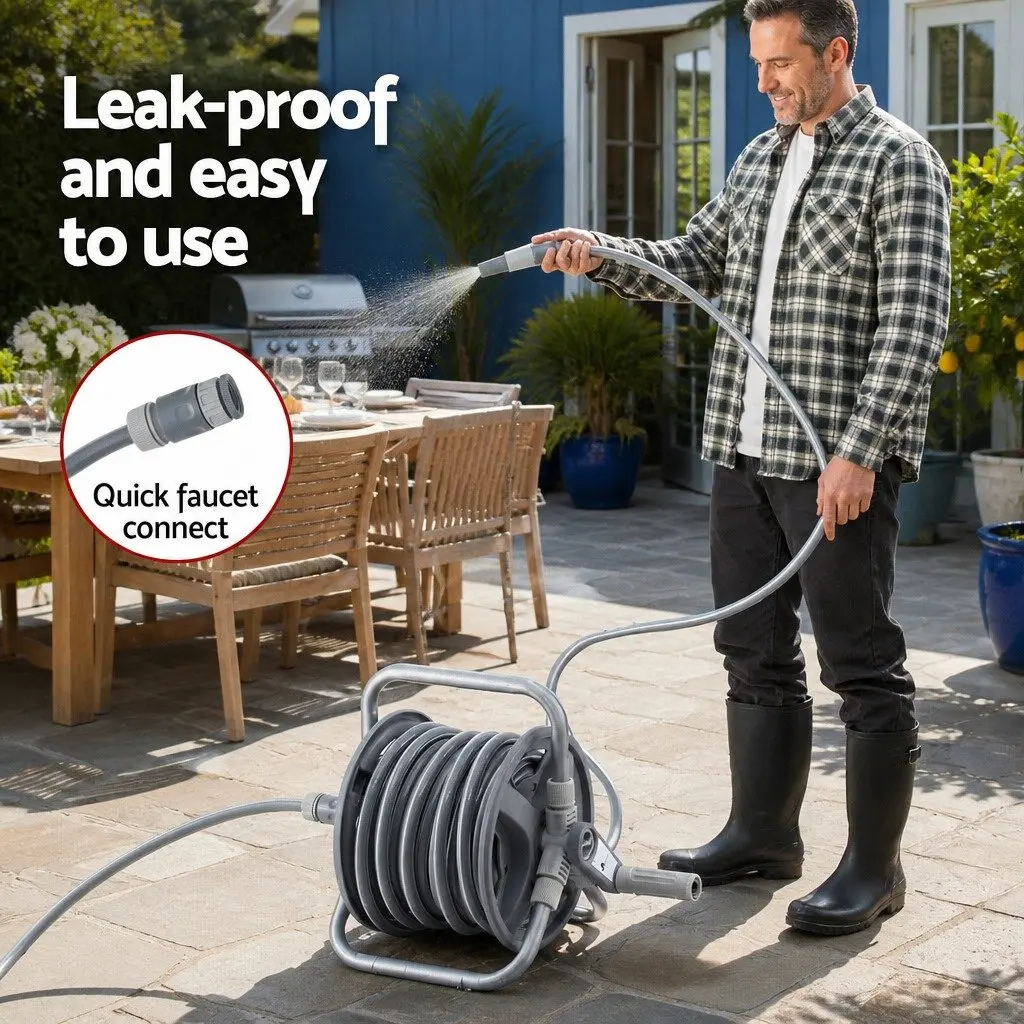 Garden Hose Reel Retractable 20m Heavy Duty 1/2" Spray Gun Grey