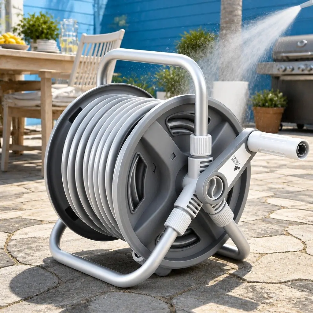 Garden Hose Reel Retractable 20m Heavy Duty 1/2" Spray Gun Grey