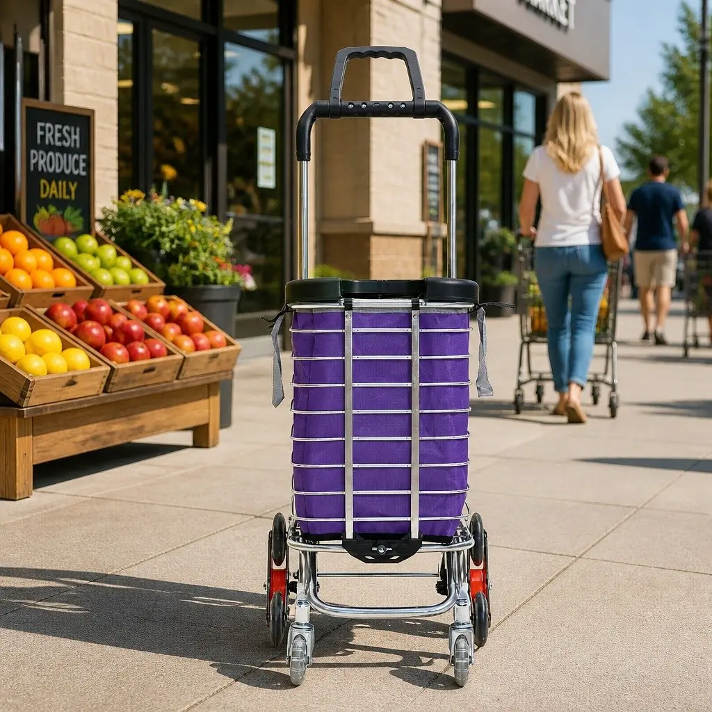 Foldable Shopping Cart Trolley with Stair Climbing Wheels Grocery Basket Storage
