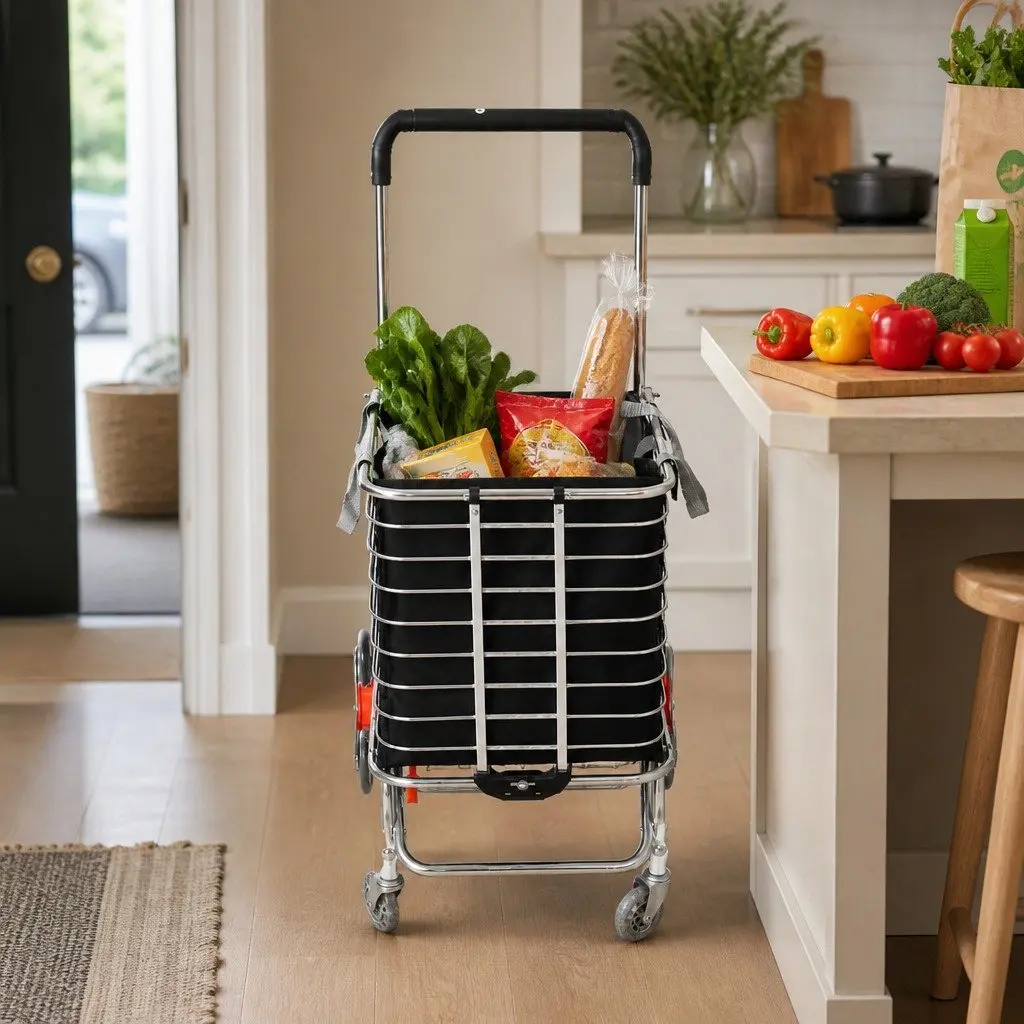 Foldable Shopping Cart Trolley Stair Climbing Wheels Lightweight Black 60cm L x 37cm W x 98cm H