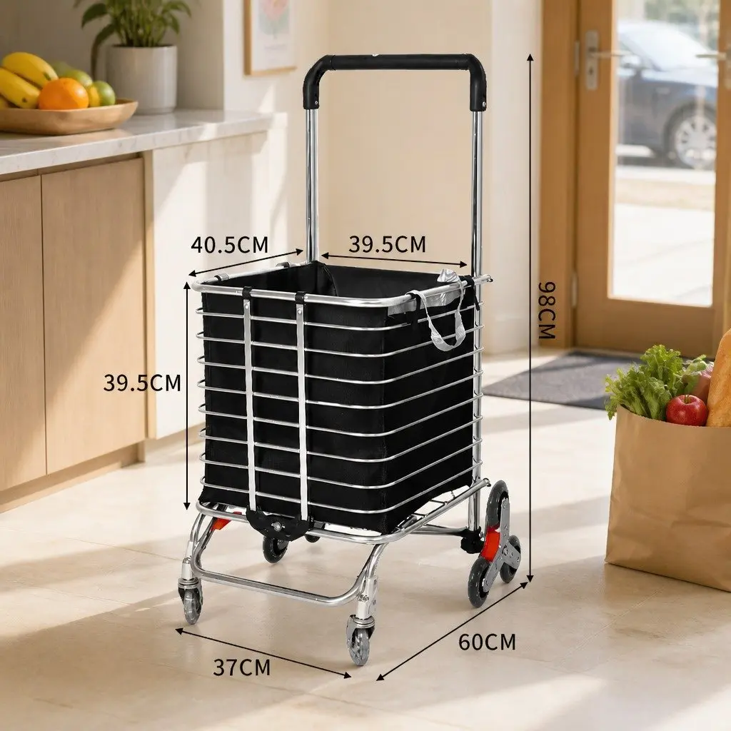 Foldable Shopping Cart Trolley Stair Climbing Wheels Lightweight Black 60cm L x 37cm W x 98cm H