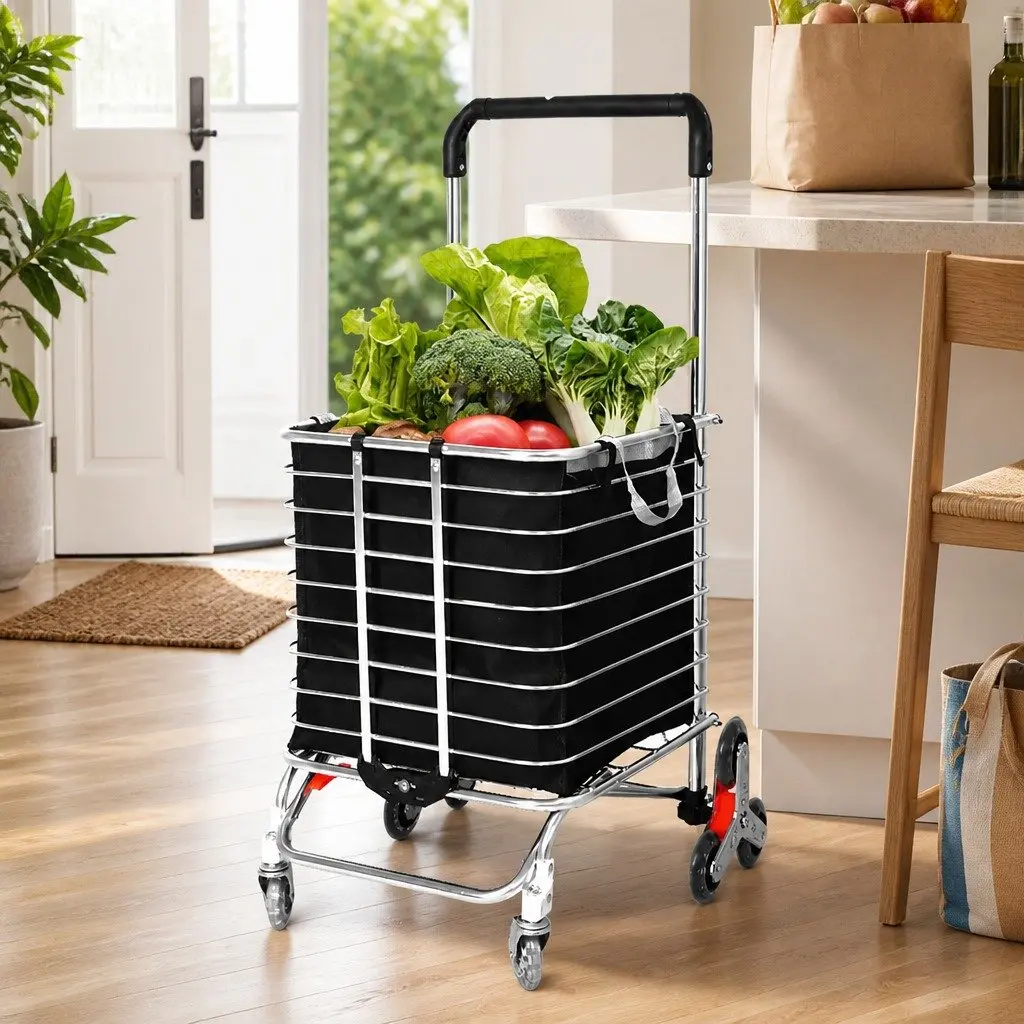 Foldable Shopping Cart Trolley Stair Climbing Wheels Lightweight Black 60cm L x 37cm W x 98cm H