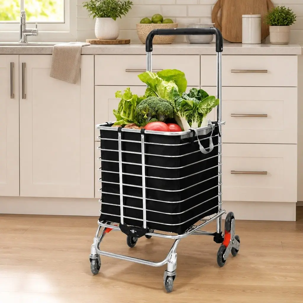 Foldable Shopping Cart Trolley Stair Climbing Wheels Lightweight Black 60cm L x 37cm W x 98cm H