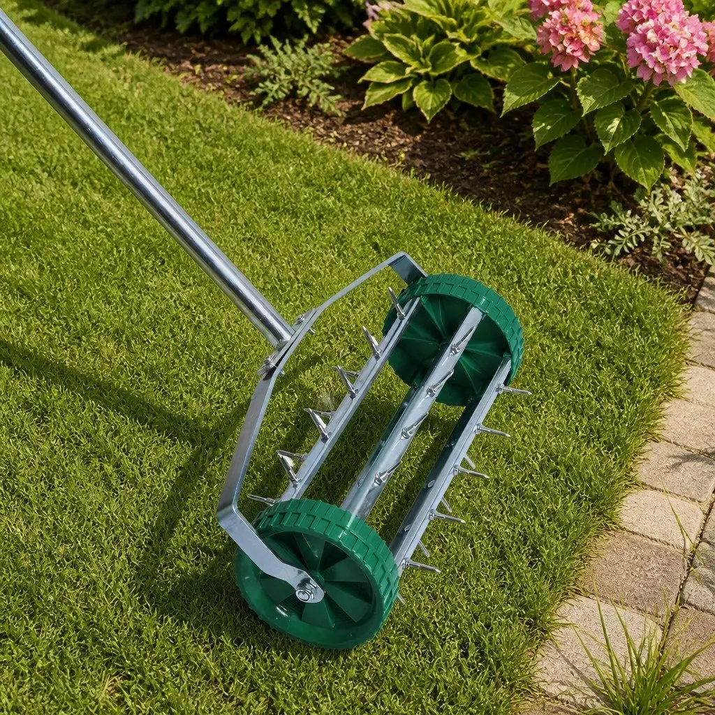 Lawn Aerator Roller Garden Scarifier Tool Detachable Handle 44cm Length 14.5cm Diameter 150cm Height