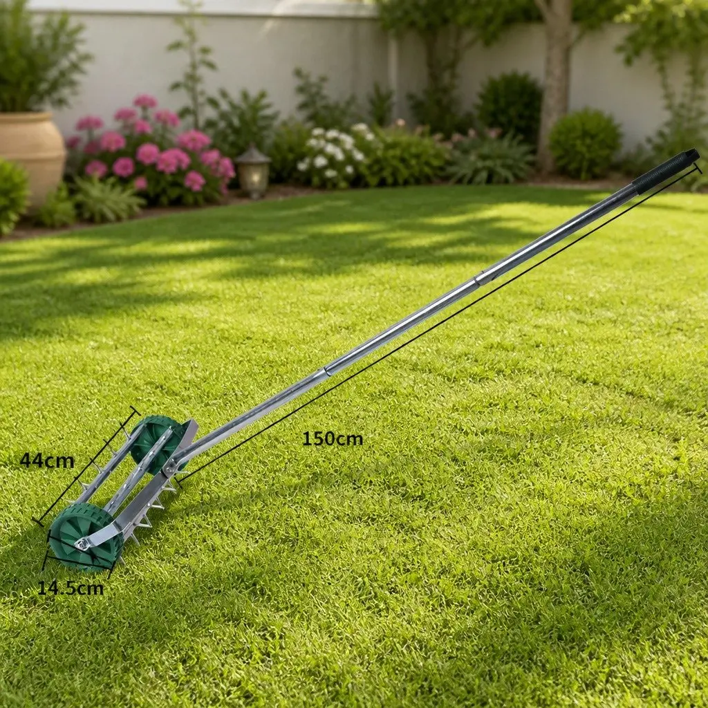 Lawn Aerator Roller Garden Scarifier Tool Detachable Handle 44cm Length 14.5cm Diameter 150cm Height