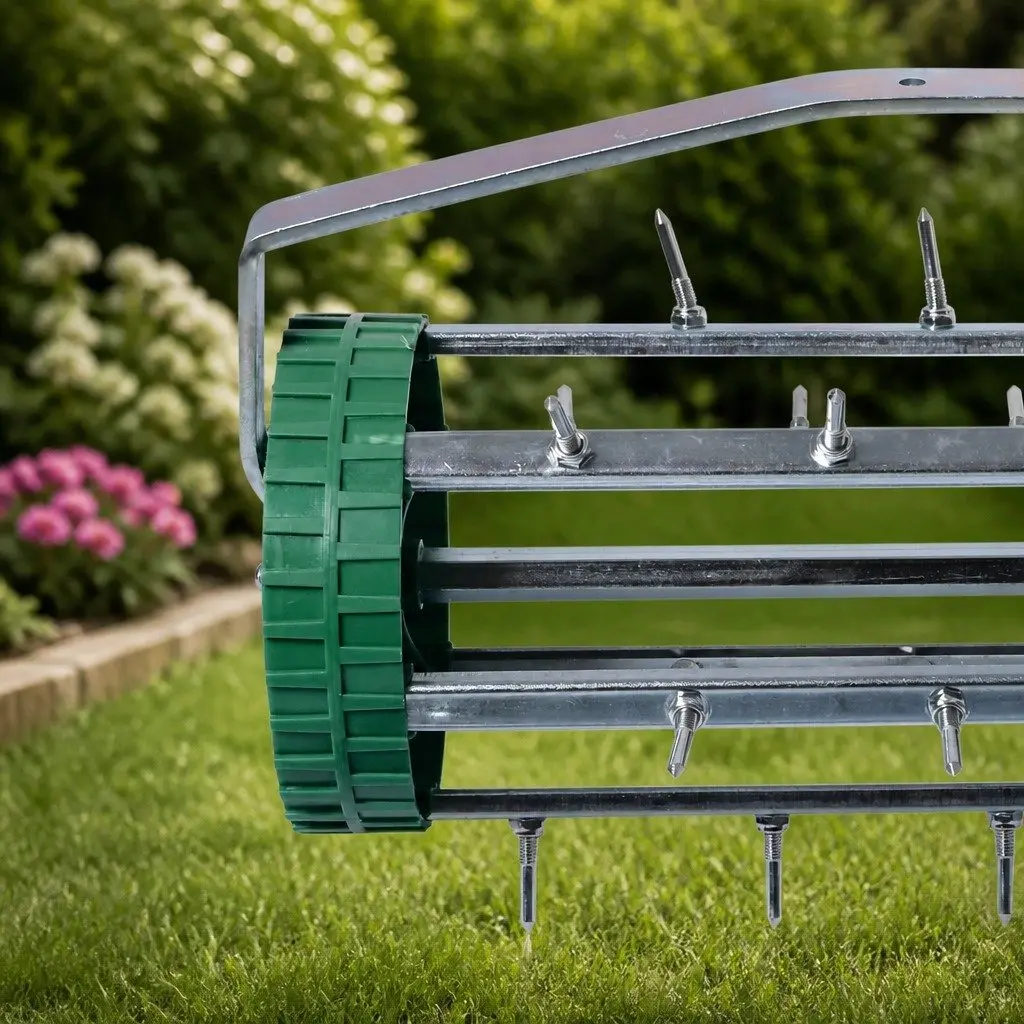 Lawn Aerator Roller Garden Scarifier Tool Detachable Handle 44cm Length 14.5cm Diameter 150cm Height