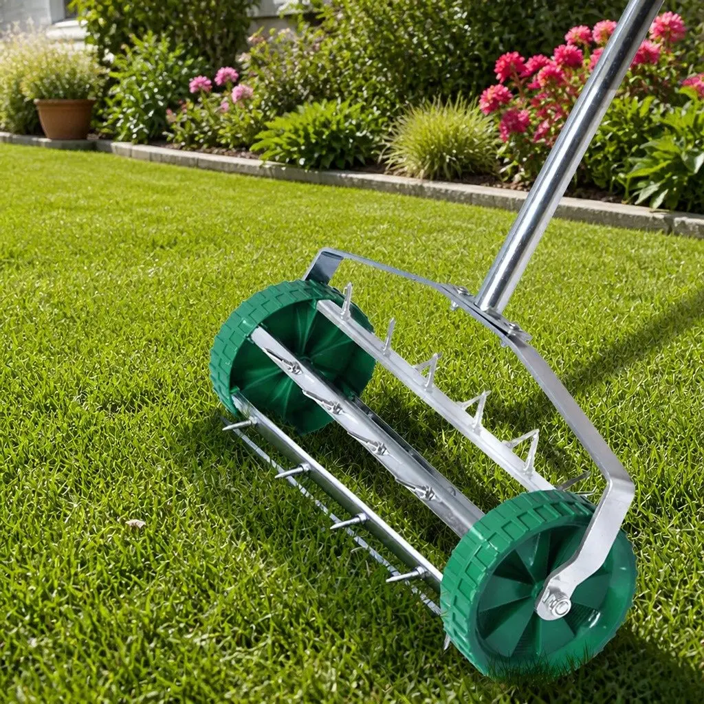 Lawn Aerator Roller Garden Scarifier Tool Detachable Handle 44cm Length 14.5cm Diameter 150cm Height