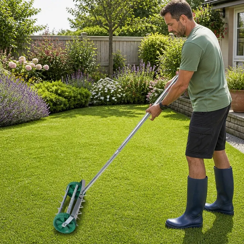 Lawn Aerator Roller Garden Scarifier Tool Detachable Handle 44cm Length 14.5cm Diameter 150cm Height