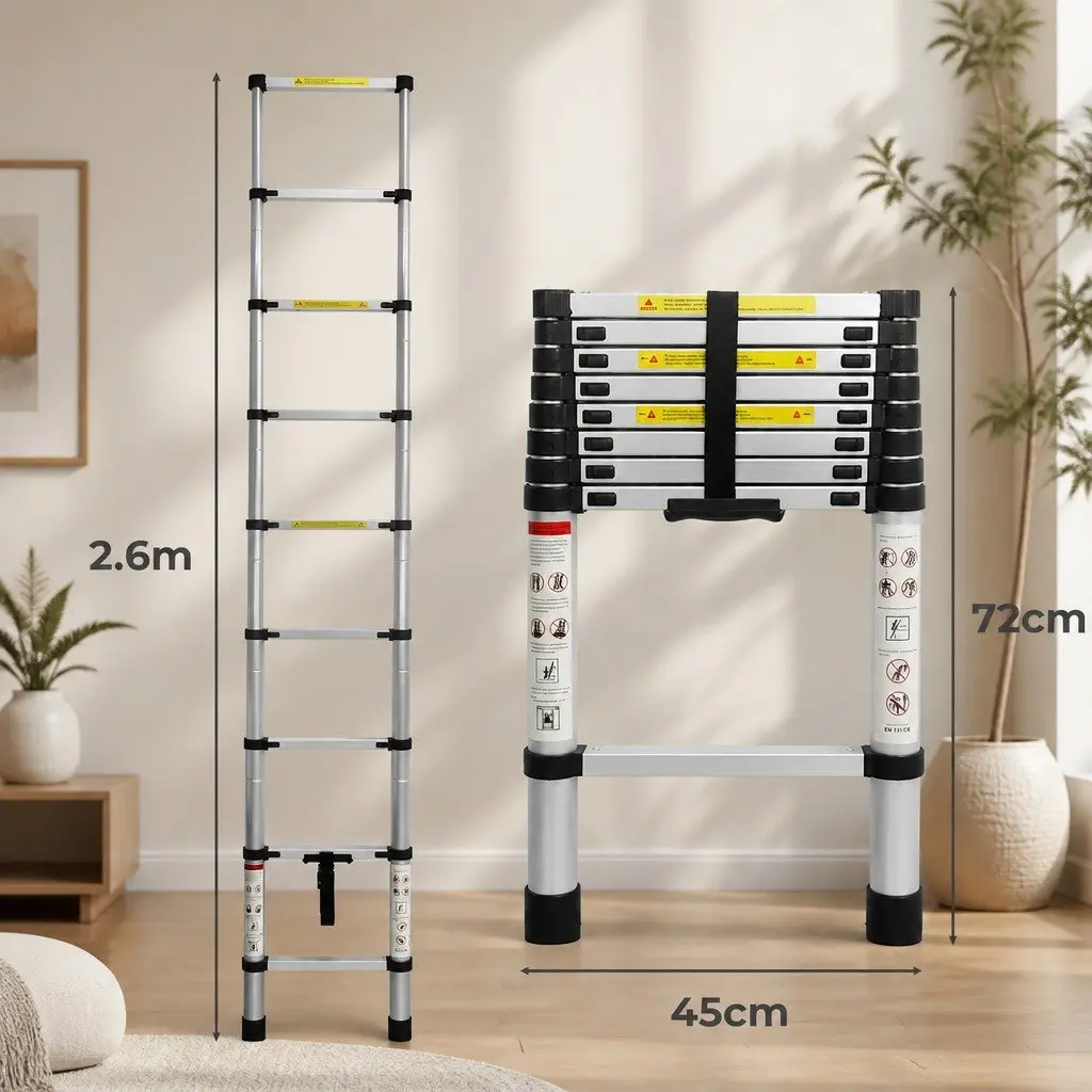 Telescopic Ladder Extendable Aluminium 2.6M Lightweight Collapsible Work Steps