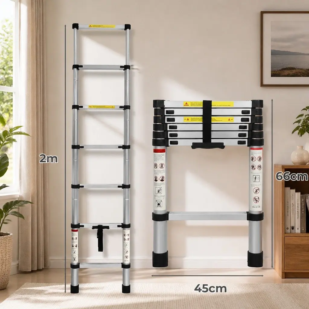 Telescopic Ladder 2M Multipurpose Aluminium Extendable Collapsible Step Ladder