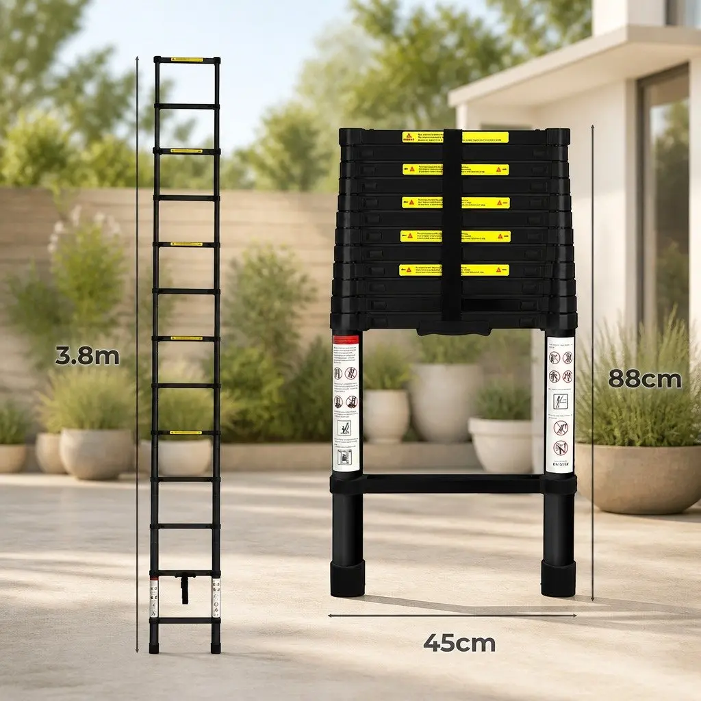 Telescopic Aluminium Ladder Extendable 3.8M Portable Black