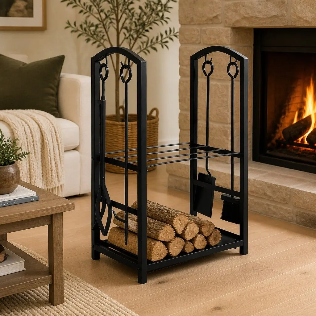 Firewood Rack 5-in-1 Multifunctional 2-Tier Steel Storage Organizer for Indoor