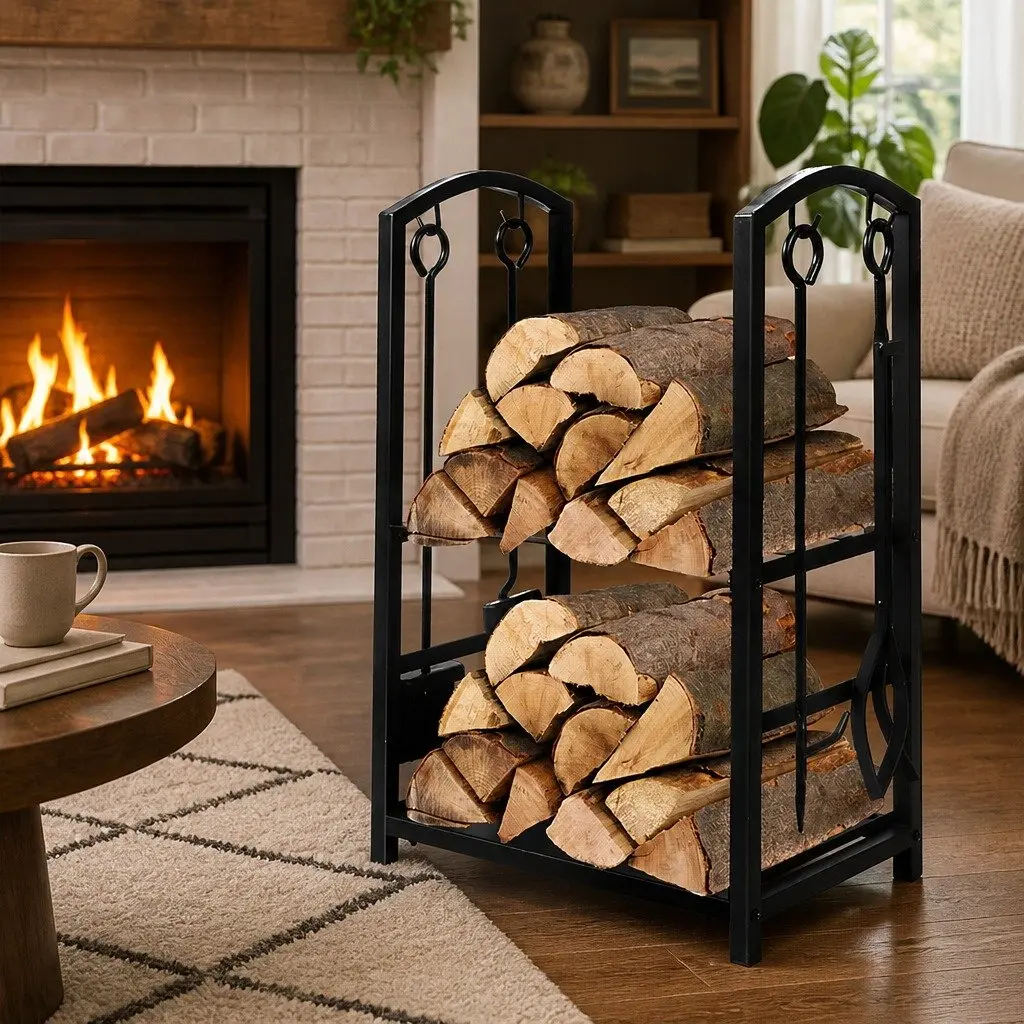 Firewood Rack 5-in-1 Multifunctional 2-Tier Steel Storage Organizer for Indoor