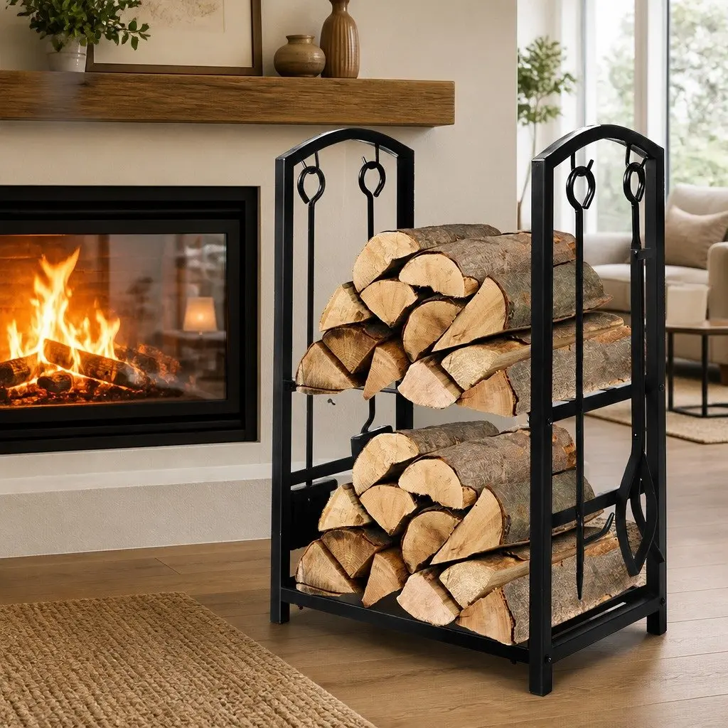 Firewood Rack 5-in-1 Multifunctional 2-Tier Steel Storage Organizer for Indoor