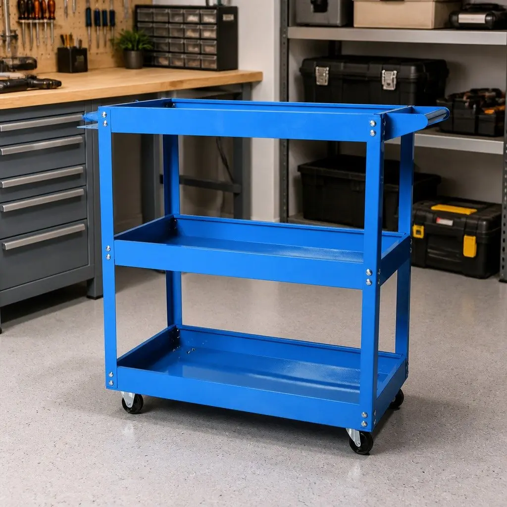 Tool Cart Trolley Blue with 3 Storage Trays Castor Wheels 79cm x 36cm x 73cm
