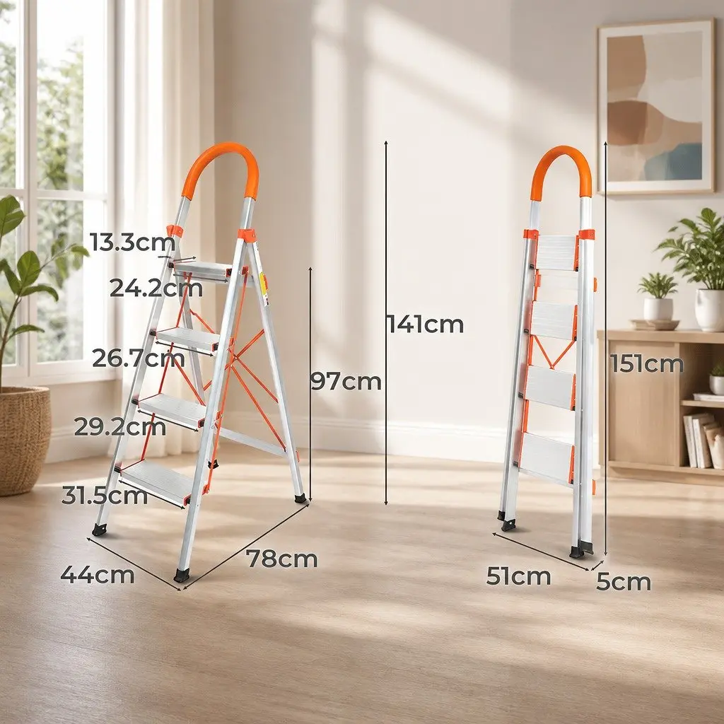 Folding Step Ladder Single-Sided Aluminium Portable 4 Step 150kg Load Capacity