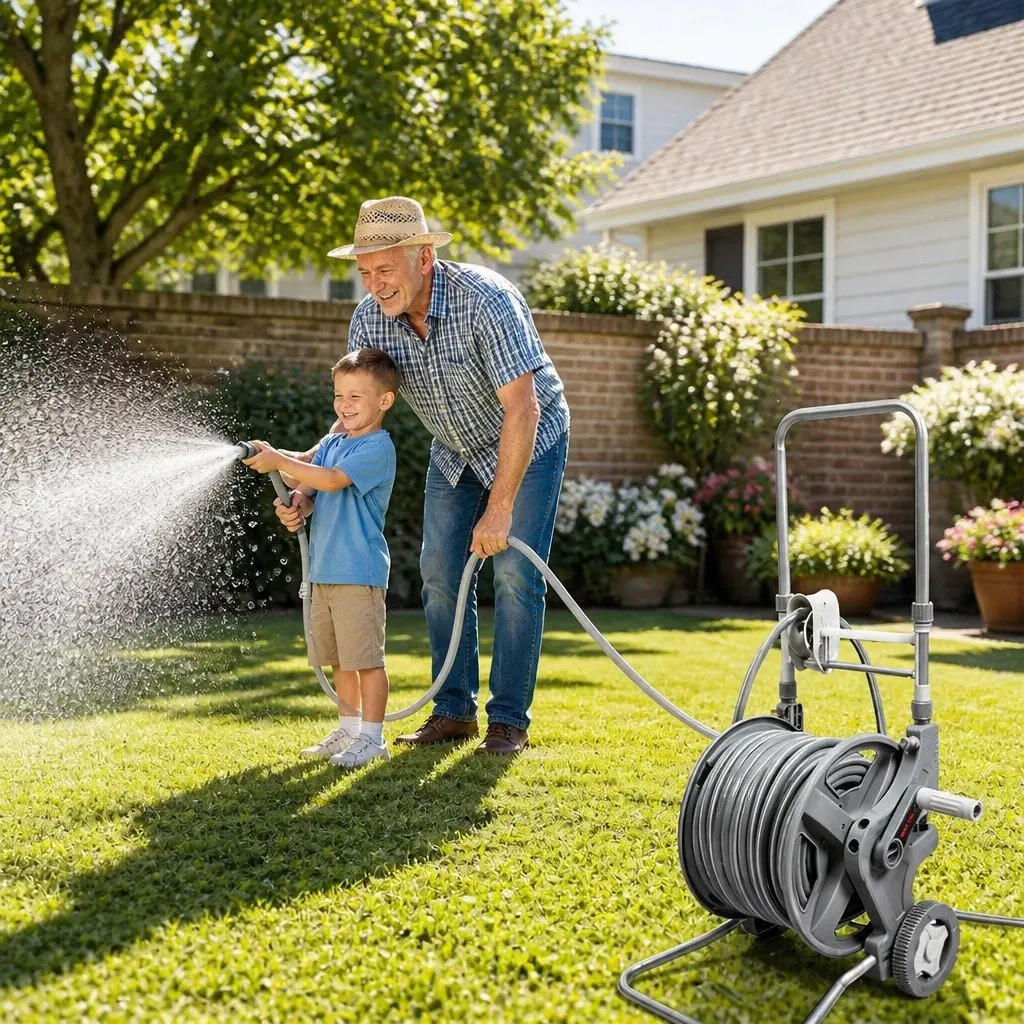 Portable Garden Hose Reel 1/2" 45M Retractable Holder Outdoor Watering Cleaning