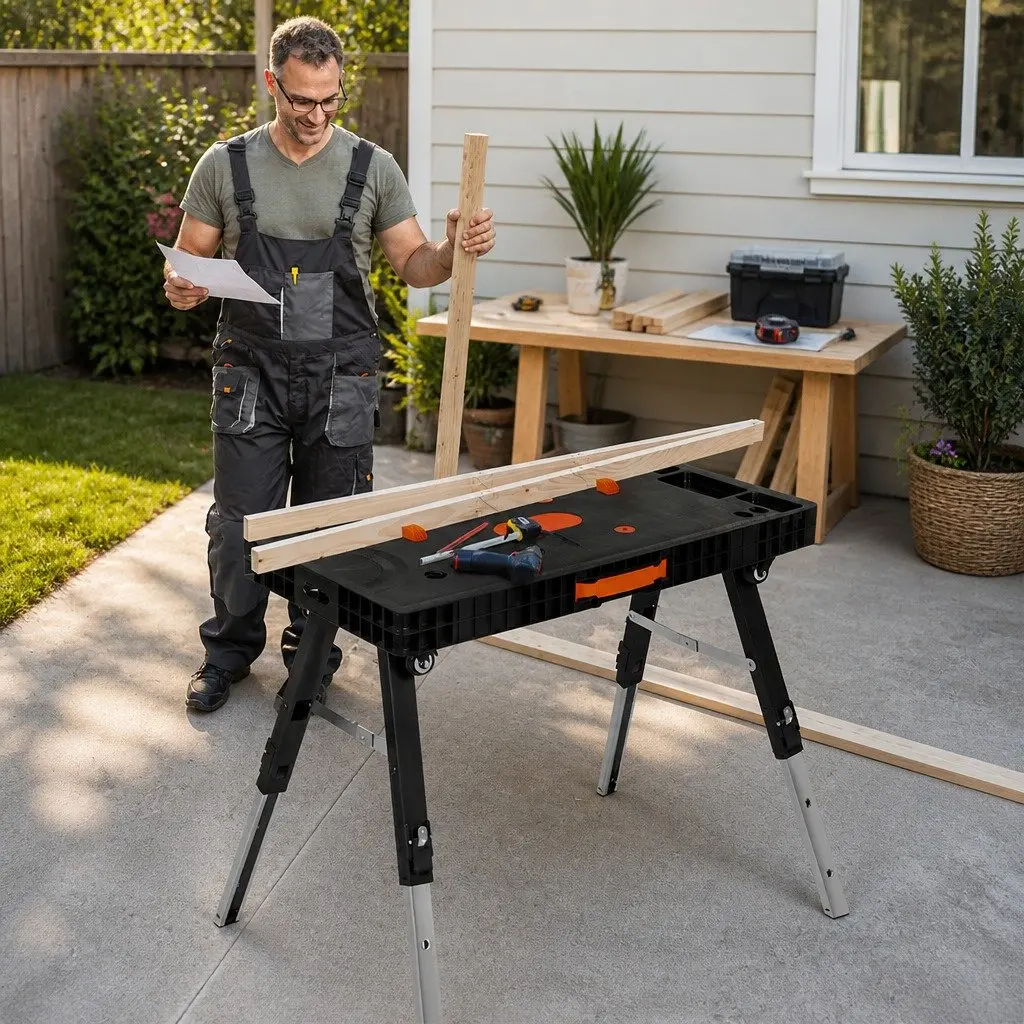 Foldable Workbench 5-in-1 Portable Scaffold Table 400kg Capacity Adjustable Height