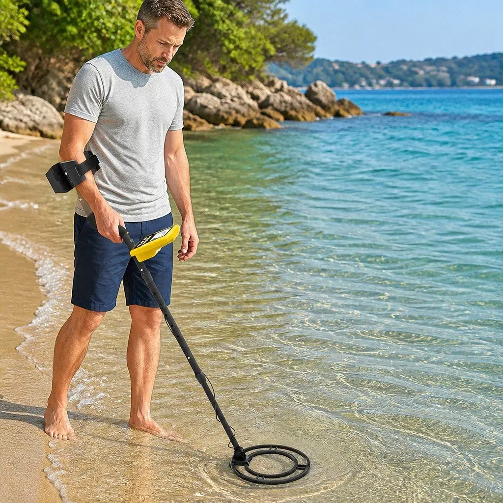 Metal Detector Waterproof LCD Display 24cm Search Coil Adjustable Length