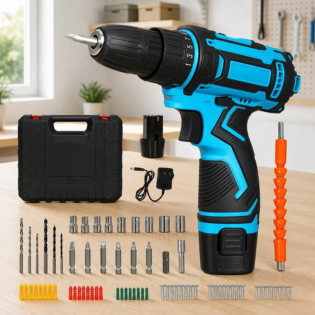 12V Cordless Drill Driver Kit 2.0Ah Battery 74pcs Accessories DIY Home Power
