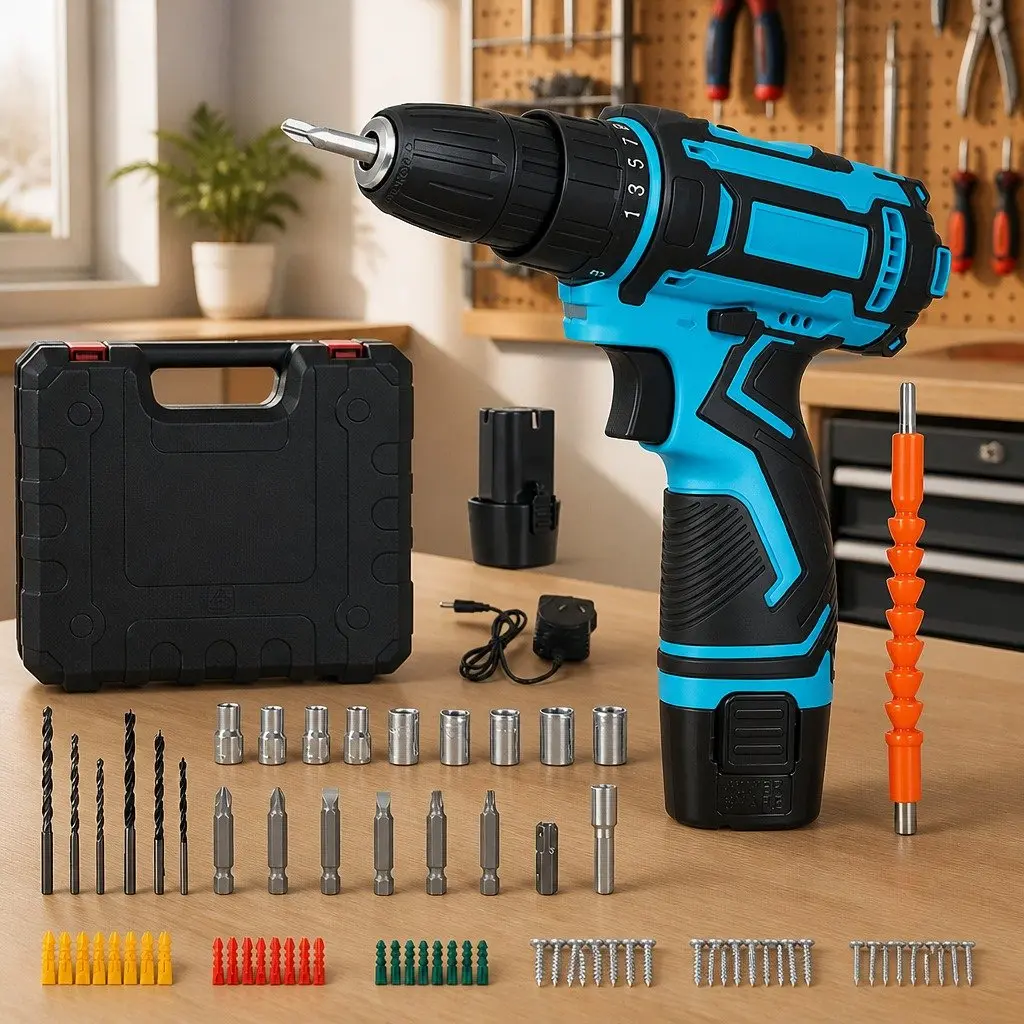 12V Cordless Drill Driver Kit 2.0Ah Battery 74pcs Accessories DIY Home Power