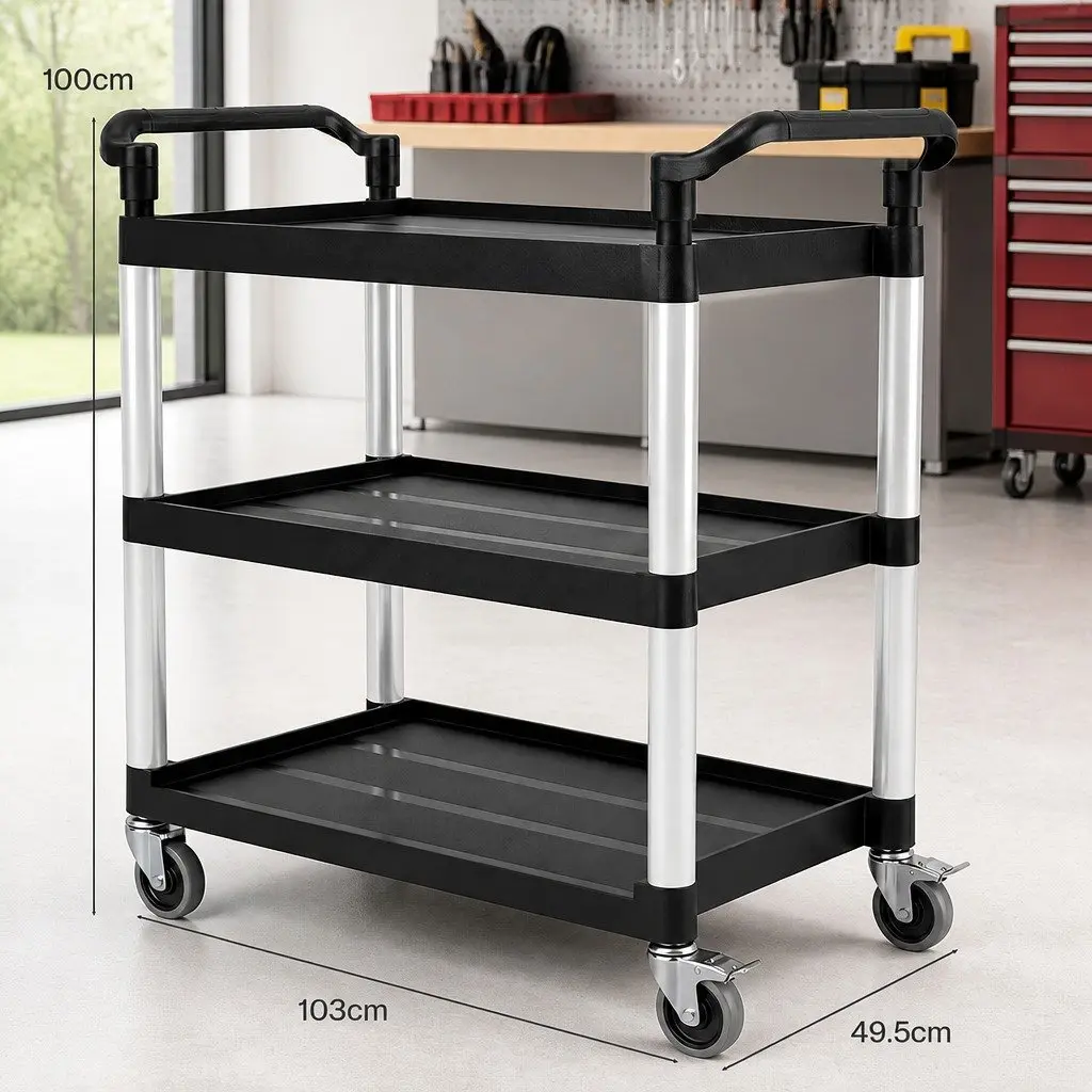 3 Tier Rolling Tool Trolley Cart Black Storage Organizer for Garage Workshop Utility