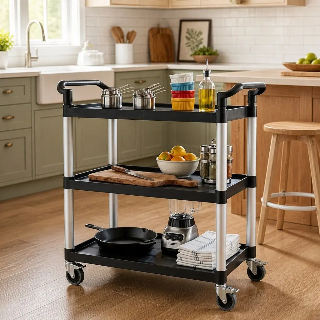 3 Tier Rolling Tool Trolley Cart Black Storage Organizer for Garage Workshop Utility